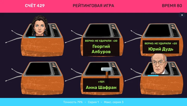 Экран сатирической аркады с телевизорами и медийными персонажами